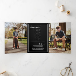 Convite Com Dobra Tripla Graduação de Foto Torn Abstrato preto Edgy