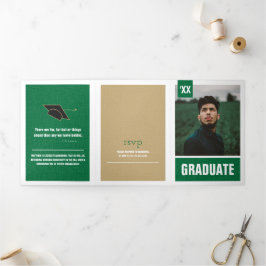 Convite Com Dobra Tripla Graduação de Fotos Moderna Verde Texturizada