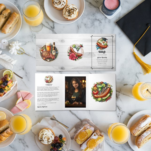 Convite Com Dobra Tripla Graduação de Tema Rustic Gingham & Grill (Rustic Gingham & Grill Theme BBQ Graduation Tri-Fold Invitation)