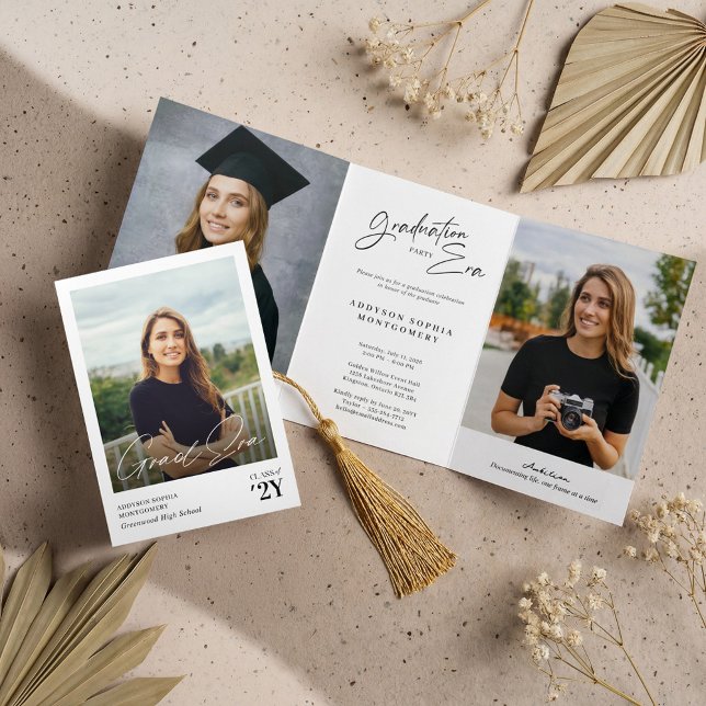 Convite Com Dobra Tripla Graduation Era Then & Now Grad Photo Collage Party (Graduation Era Then & Now Grad Photo Collage Party Tri-Fold Invitation)