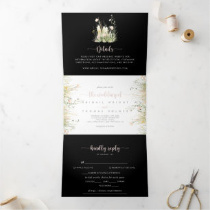 Convite Com Dobra Tripla Greenery Boho Wildflower Black