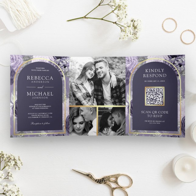 Convite Com Dobra Tripla Heather Purple Floral Arch Código QR Casamento (Criador carregado)