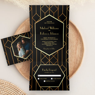 Convite Com Dobra Tripla Hexágono Arte Deco Retrô Preto Dourado Casamento 3
