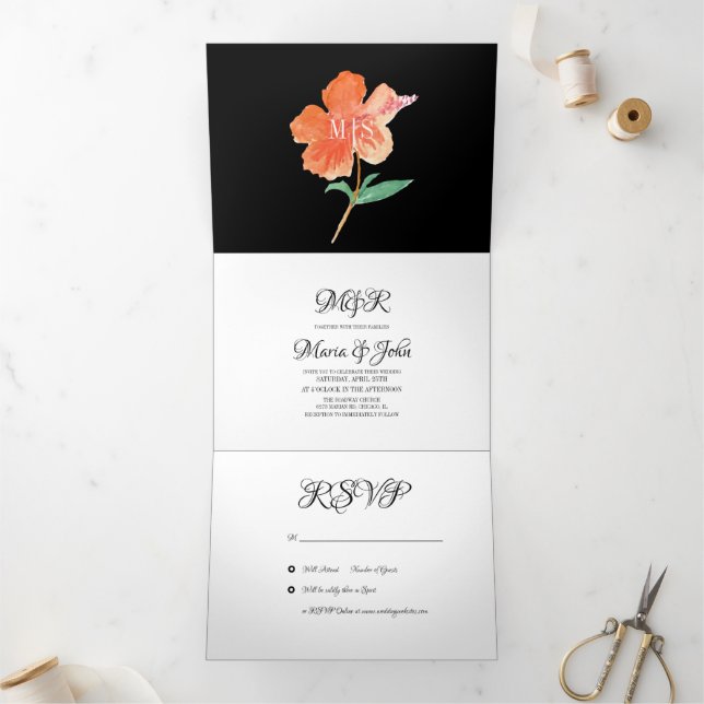 Convite Com Dobra Tripla Hibisco de Verão Tropical em Aquarela Laranja (Dentro)