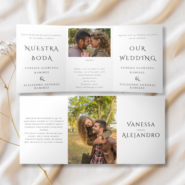Convite Com Dobra Tripla Inglês e Espanhol Nossa Boda Casamento Bilíngue (Criador carregado)
