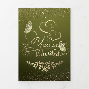 Convite Com Dobra Tripla Invitación de boda verde con purpurina