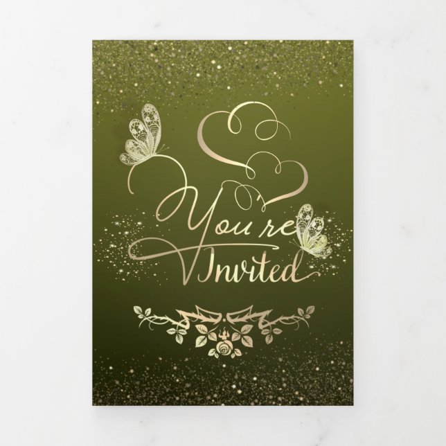 Convite Com Dobra Tripla Invitación de boda verde con purpurina (Cobrir)