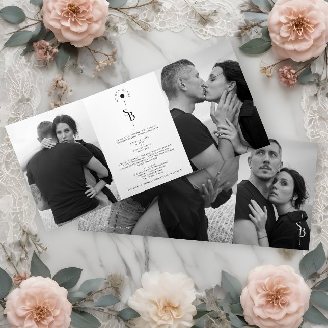 Convite Com Dobra Tripla Invitación Tríptica Exquisite Minimalist Black Whi (Exquisite Chic Minimalist Black & White Wedding Initials 4 Photos Invitation Tri-Fold Card.)