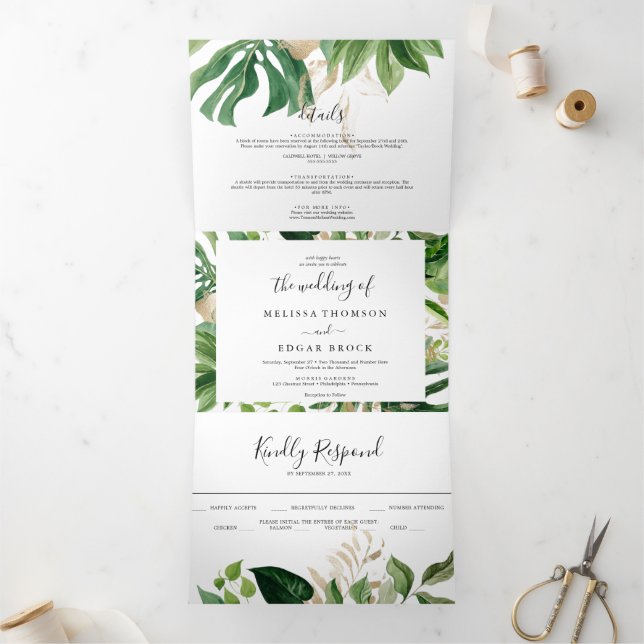 Convite Com Dobra Tripla Invitaciones de boda trifásica moderna - Tropica d (Dentro)