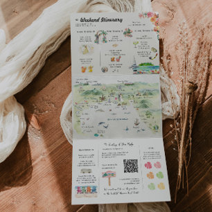 Convite Com Dobra Tripla Itinerário de Casamento com Aquarela de Puerto Val