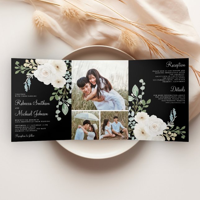 Convite Com Dobra Tripla Ivory Floral Black Photo Collage Wedding (Criador carregado)