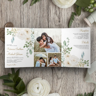 Convite Com Dobra Tripla Ivory Floral Sage Green deixa casamento fotográfic