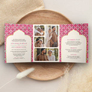 Convite Com Dobra Tripla Ivory Rani Rosa Padrão Tudo em Um Casamento Indian