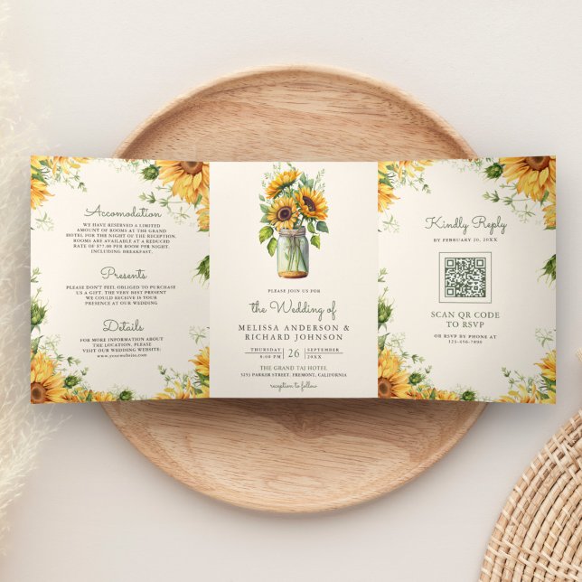 Convite Com Dobra Tripla Ivory Sunflower Mason Jar Código QR Casamento (Criador carregado)
