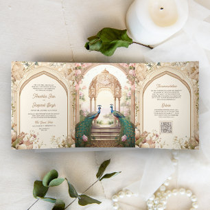 Convite Com Dobra Tripla Jardim Floral Pavões Palácio Indiano Casamento