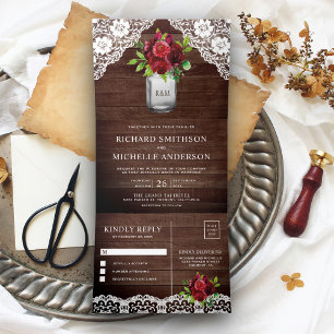 Convite Com Dobra Tripla Jarra de Pedra Rustica Burgundy Floral Casamento d