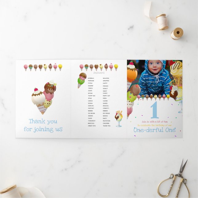 Convite Com Dobra Tripla Jogos de festas de fotos divertidas do sorvete de  (Fora)