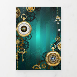 Convite Com Dobra Tripla Joia Steampunk Relógio em um Fundo Verde