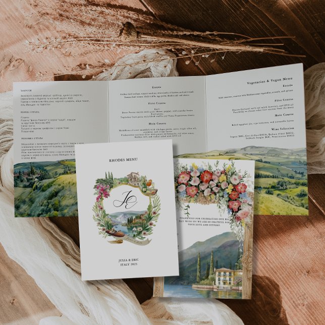 Convite Com Dobra Tripla Lago de Como Itália | Casamento Ilustrado (Criador carregado)