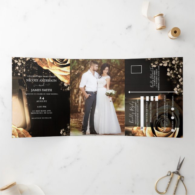 Convite Com Dobra Tripla Lanternas & Rosas Douradas Casamento Romântico Rús (Dentro)