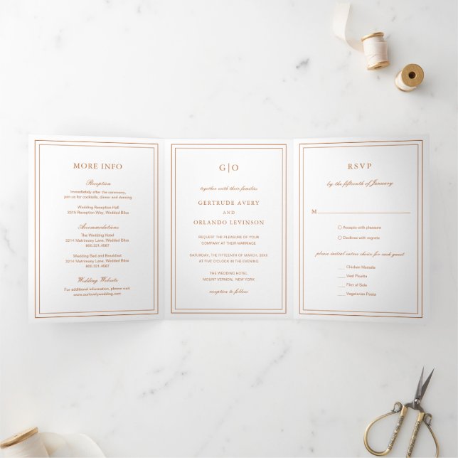 Convite Com Dobra Tripla Laranja Abóbora Clássica Casamento Elegante (Dentro)
