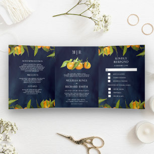 Convite Com Dobra Tripla Laranja Citrino Laranjal Azul Marinho Casamento