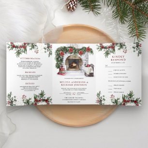 Convite Com Dobra Tripla Lareira Floral de Poinsettia Natal Casamento