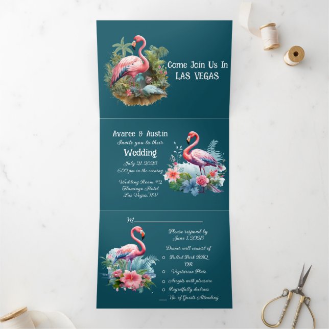 Convite Com Dobra Tripla Las Vegas Pink Flamingos (Dentro)