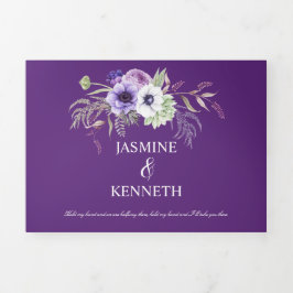 Convite Com Dobra Tripla Lavanda Púrpura Flores Brancas De Aquarelas Casame