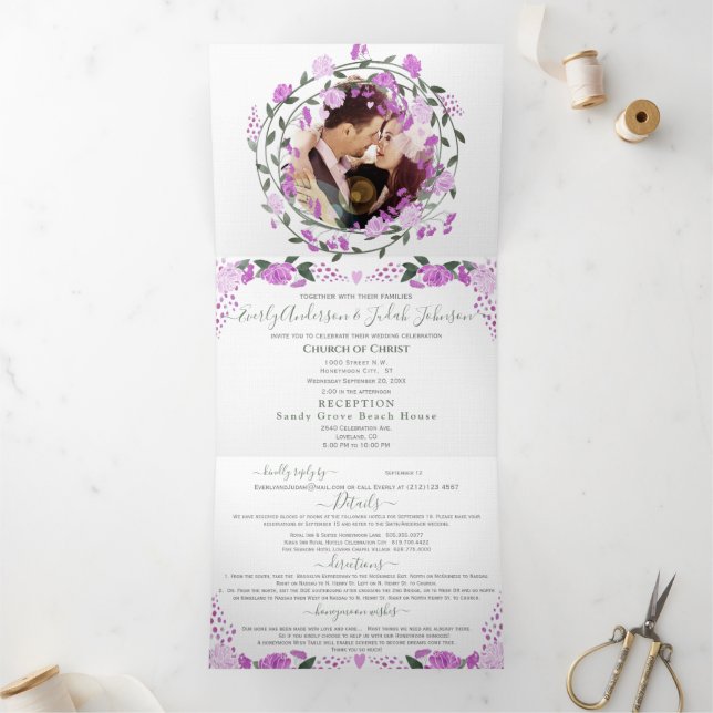 Convite Com Dobra Tripla Lavanda rosa e Casamento Floral de Púrpura (Dentro)