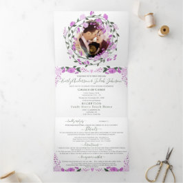 Convite Com Dobra Tripla Lavanda rosa e Casamento Floral de Púrpura