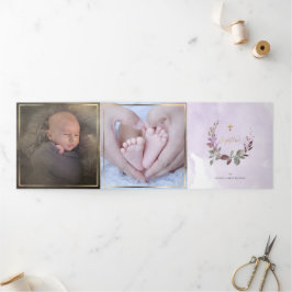 Convite Com Dobra Tripla Lavendre Couronne de Feuillage Aquarelle, Bapteme