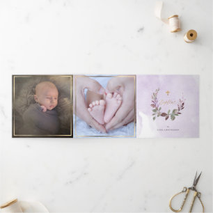 Convite Com Dobra Tripla Lavendre Couronne de Feuillage Aquarelle, Bapteme