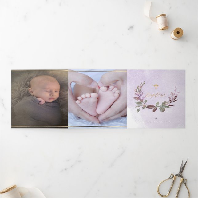 Convite Com Dobra Tripla Lavendre Couronne de Feuillage Aquarelle, Bapteme (Fora)