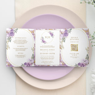 Convite Com Dobra Tripla Lilás Roxo Floral Mármore Dourado Tudo em Um Casam