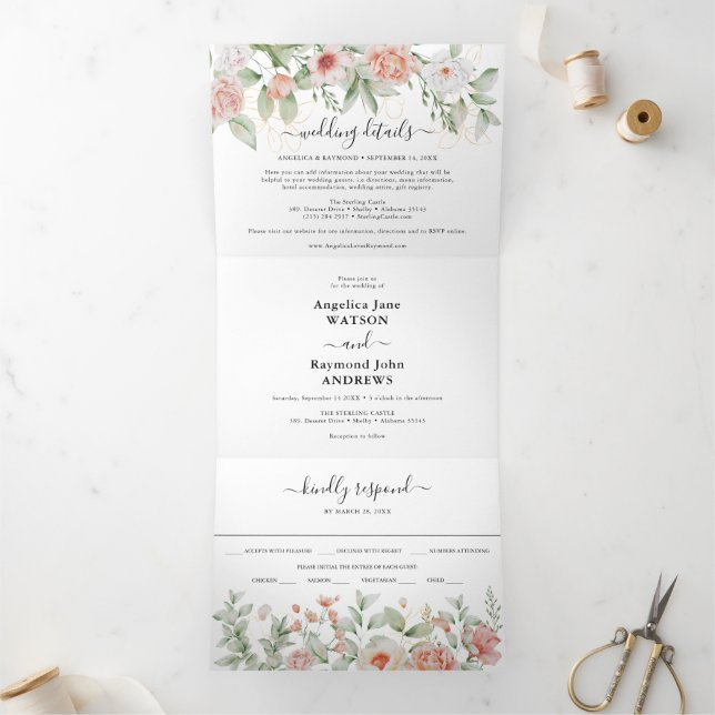 Convite Com Dobra Tripla Lindo em Peachy Elegante Casamento Botânico (Dentro)