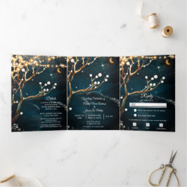 Convite Com Dobra Tripla Luzes de árvore para noite rústica casamento Trifo