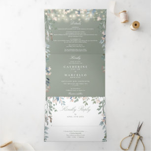 Convite Com Dobra Tripla Luzes de Corda Floral Verde Sálvia Foto Casamento