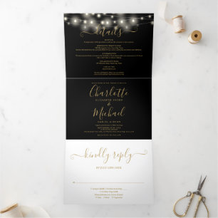 Convite Com Dobra Tripla Luzes de Corda Ouro Preto Script Monograma Casamen