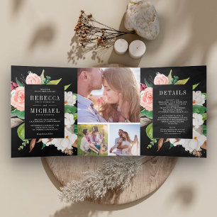 Convite Com Dobra Tripla Magnólia Algodão Rubor Rosa Floral Preto Casamento