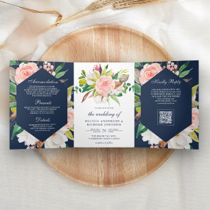 Convite Com Dobra Tripla Magnólia Branca Floral Rosa Código QR Casamento Na