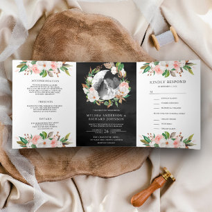 Convite Com Dobra Tripla Magnolia Rosa Floral Coroa Preta Casamento