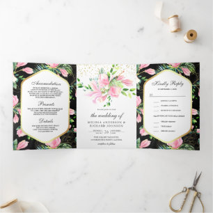 Convite Com Dobra Tripla Magnólia Rosa Primavera Floral Preto Casamento
