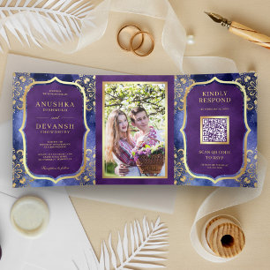 Convite Com Dobra Tripla Mandala de Galáxia Periwinkle Código QR Casamento 