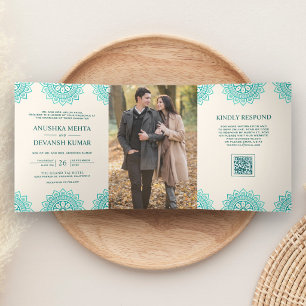 Convite Com Dobra Tripla Mandala de Teal de Marfim Código QR Casamento Indi