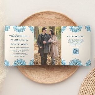 Convite Com Dobra Tripla Mandala Étnico Azul Marfim Código QR Casamento Ind