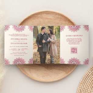 Convite Com Dobra Tripla Mandala Rosa Marfim Código QR Casamento Indiano Ét