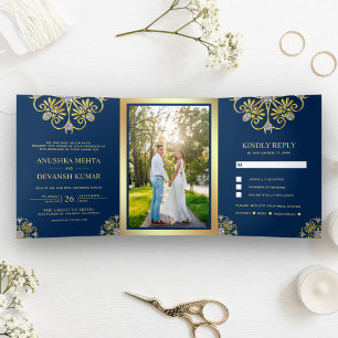 Convite Com Dobra Tripla Mandala Tradicional Azul e Dourado para Casamento