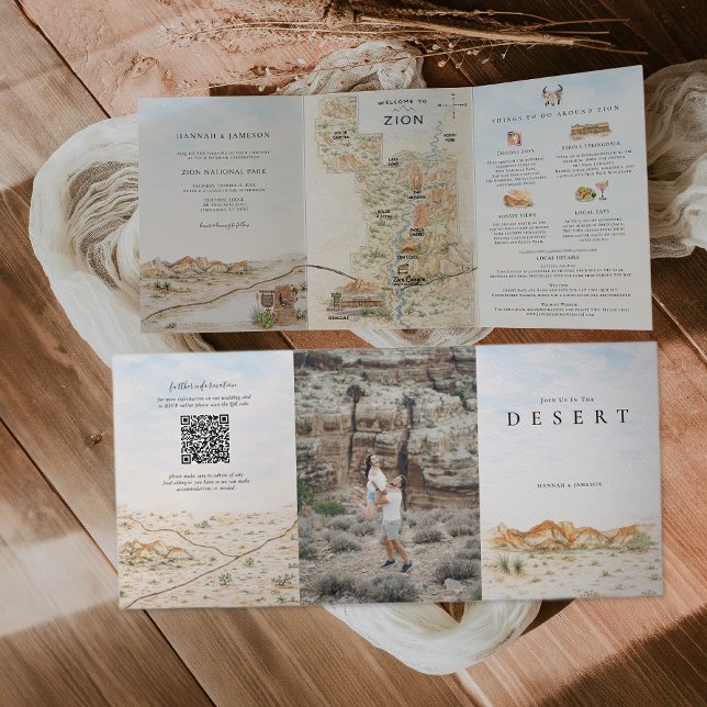 Convite Com Dobra Tripla Mapa do Zion National Park | Casamento no Deserto (Criador carregado)