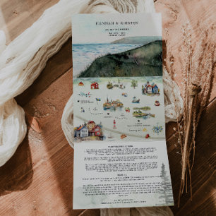 Convite Com Dobra Tripla Mapa Ilustrado de Casamento na Suécia